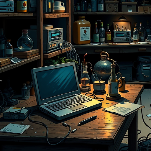 Ein Bild, auf dem ein ausgeschalteter Laptop in einer chaotischen Abstellkammer zu sehen ist.