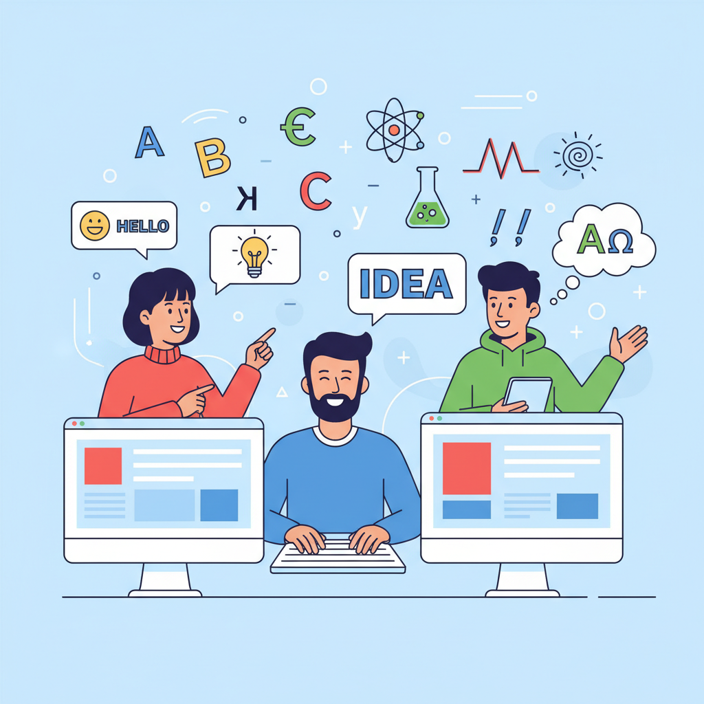 Clipart-Illustration von Menschen, die unterhaltsame Sprachspiele am Computer spielen, mit Sprechblasen, Buchstaben und leuchtenden Wissenschaftssymbolen, die umherfliegen.