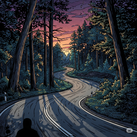 Landstraße im Wald bei Sonnenuntergang